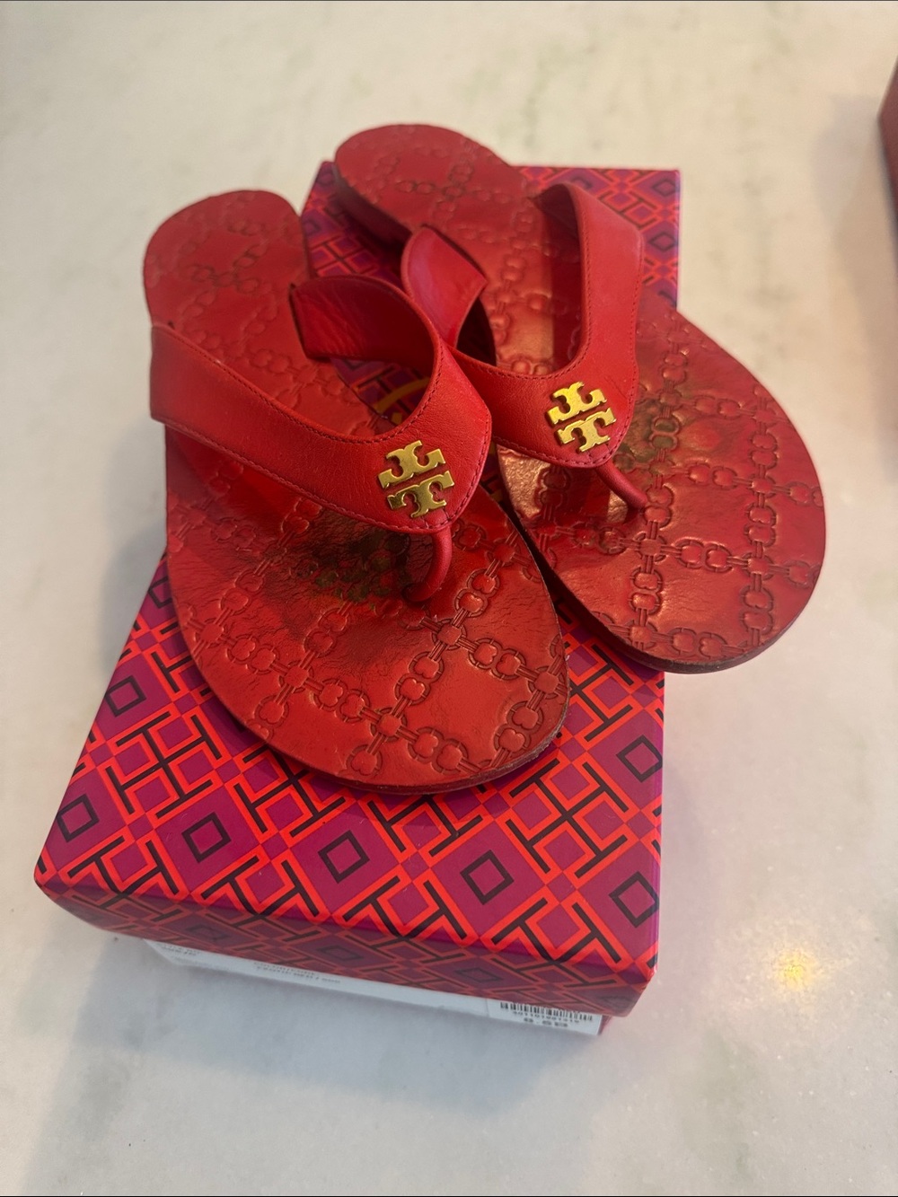 Tory Burch Red Leather Logo Thong Sandals